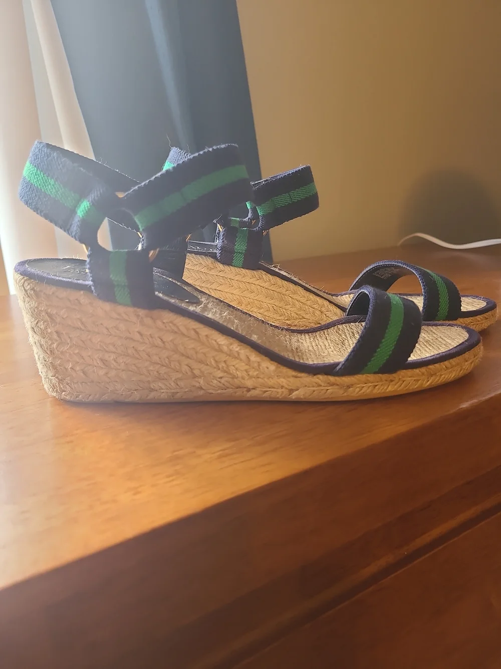 Lauren Ralph Lauren Navy and Green Striped Espadrille Wedges